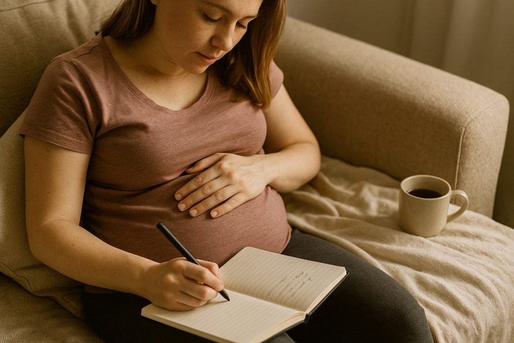 Schwangere Frau schreibt in ihr Notizbuch und hält die Hand auf ihren Bauch – Symbol für bewusste Schwangerschaft und Verbindung zum Baby.